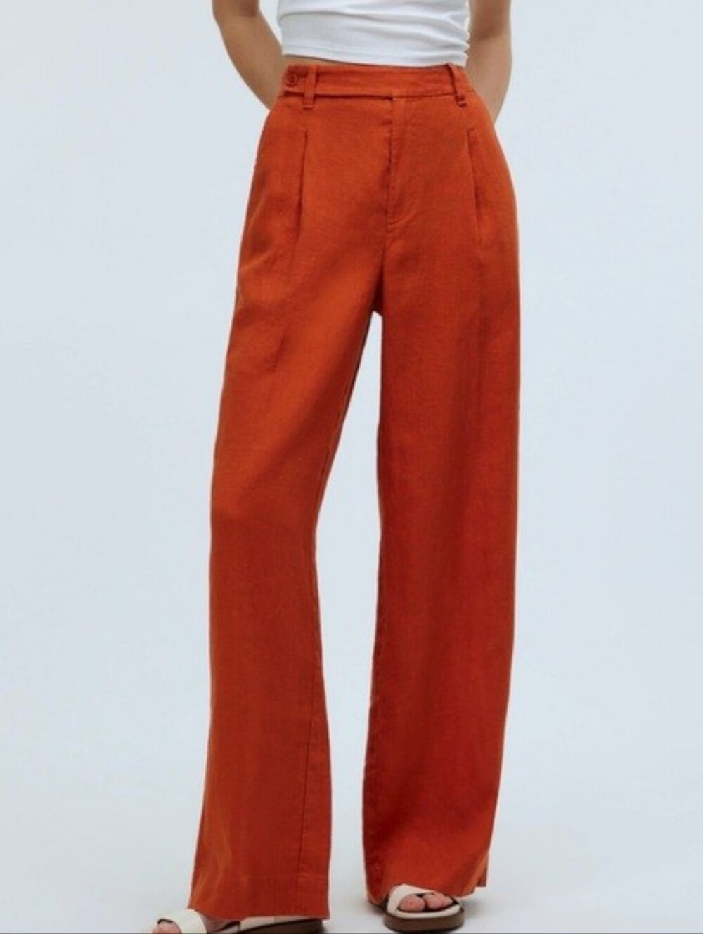Madewell Womens Harlow Wide Leg Orange 100% Linen Pleated Long Pants Size 8